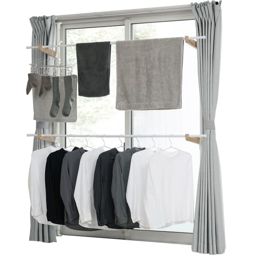 IRIS OHYAMA MW-260NRPA Window Frame Clothes Dryer, Space-Saving, Compact, Fits Approximately 4 People, Height Approximately 190-260cm, White/Beige