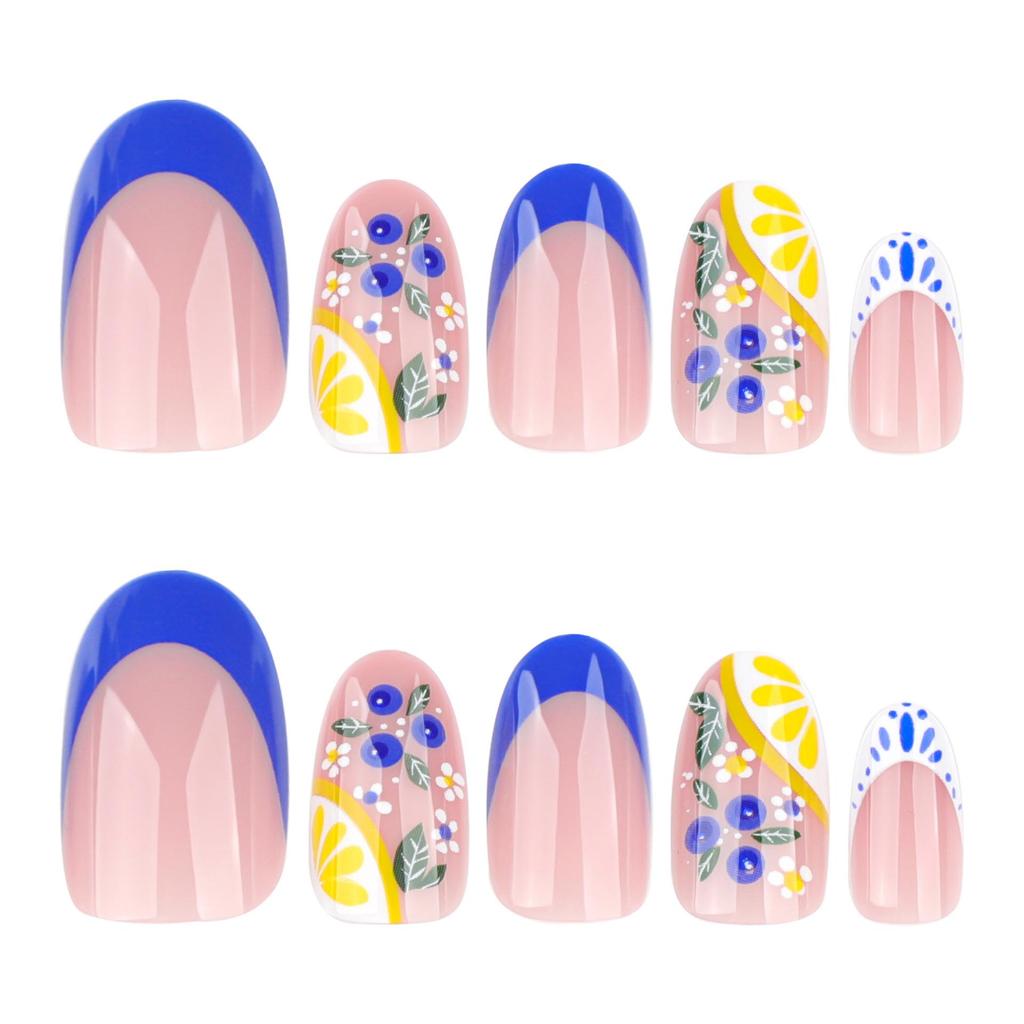 French Blue Lemon Fake Nails - Short Round Tips for a Fresh Look