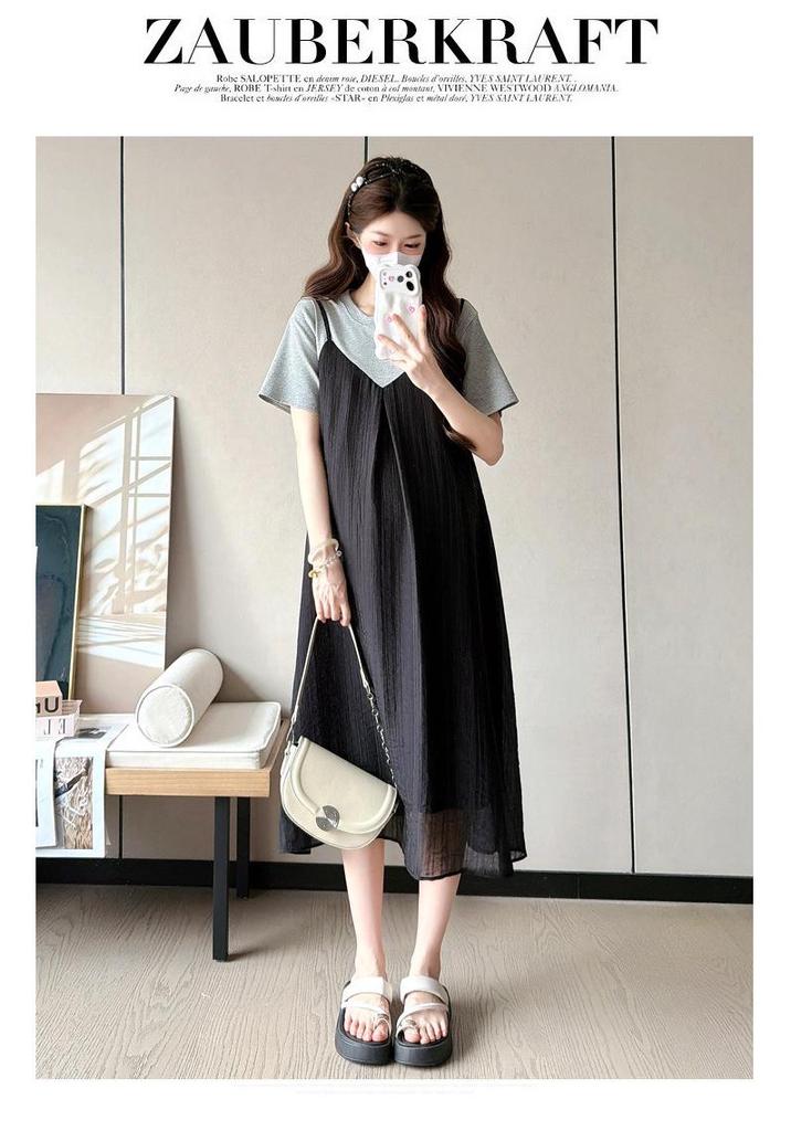 Korean Style Maternity Patchwork T-shirt Dress - Summer 2026, Spicy Mom Belly Covering, Slimming Plus Size, Trendy Two-Piece Look