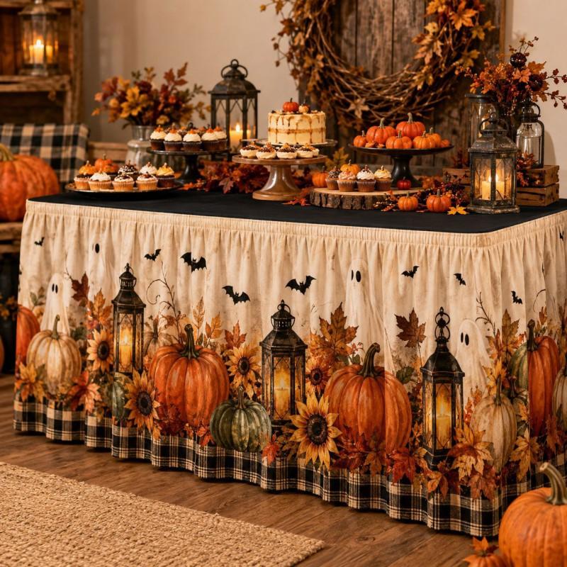 Halloween Table Skirt With Waterproof Dustproof Decor Dining 140-275cm Length