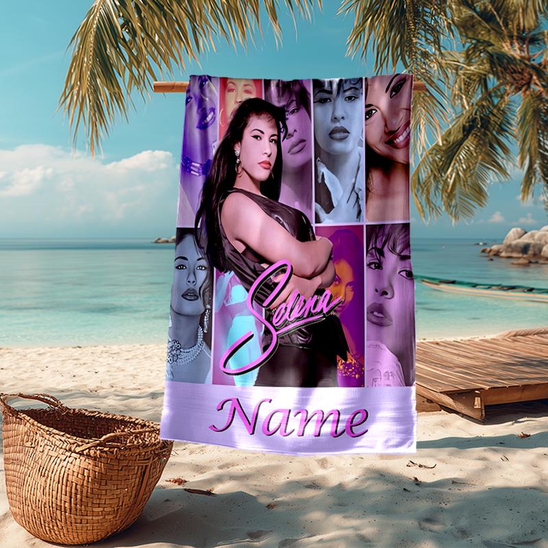 Custom Name Ultra-Soft Beach Towel with Selena Quintanilla Theme,Ideal for Pool - Camping, Diving - Perfect Travel Essential, Vibrant Beach Towel.