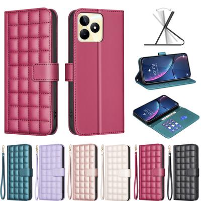 Kleine Handyhülle aus PU-Leder mit Klappständer und quadratischem Gitterdesign für Oppo A79, A58, A78, A96, A16, A54, A74, A94, A72, Realme 12, Realme 11, Reno5 Z...