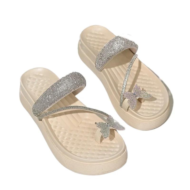 Fashion 2025 New Women's Thick Sole Summer Beach Flip Flop Sandals with Butterfly Rhinestone Toe Post Fashionable Versatile Slippers