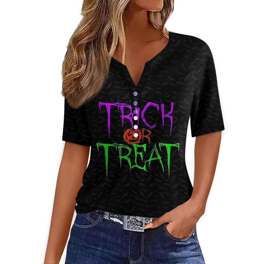 Women's T Shirt Tee Halloween Printed Button Short Sleeve Tunic Daily Weekend Fashion Basic V- Neck Regular Top