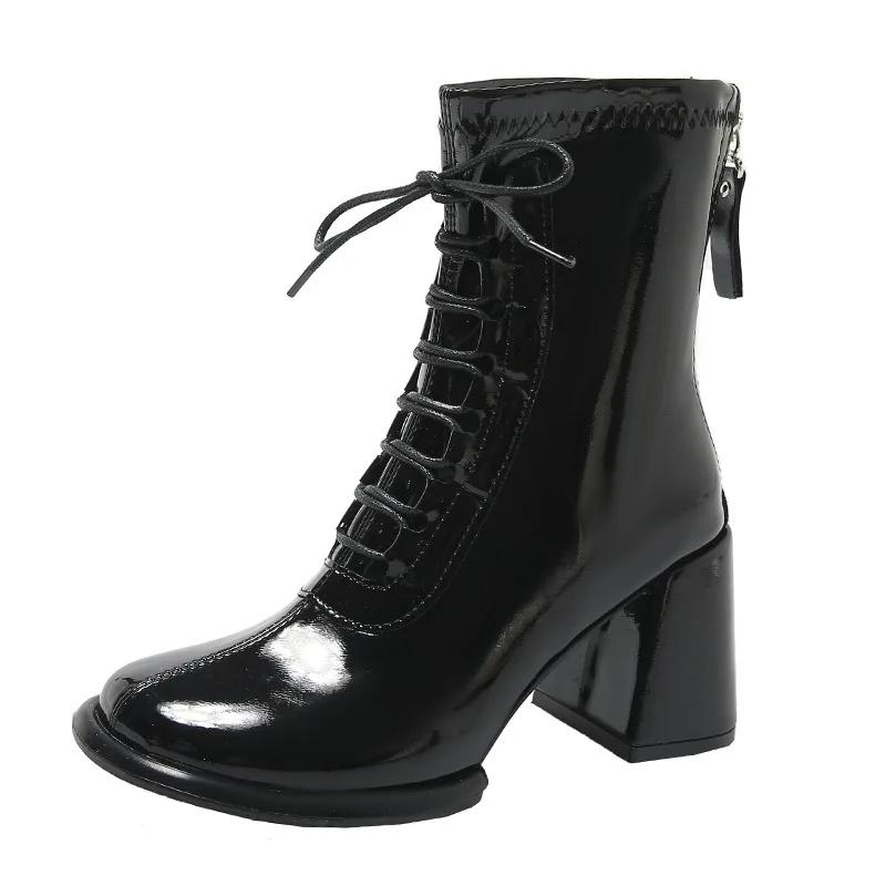 

Жіночі ботильйони 2024, осінь, зима, модні ботильйони на високому каблуці, зашнуровані, з круглим носком, короткі черевики, чорні, бежеві, ботини Челсі 39 чорний