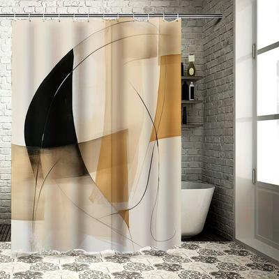 Modern Abstract Shower Curtain Set Decorate Bathrooms With Geometric Shapes In Beige Black Brown Extra Long Size For Bathtub Or