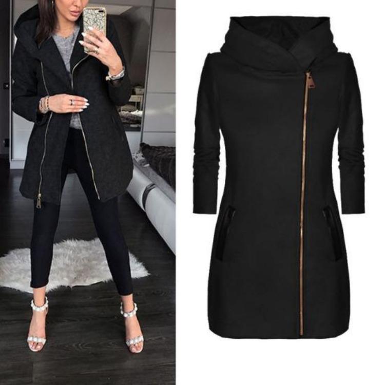 Giacca con Cappuccio da Donna Manica Lunga Cappotto con Zip Colore Unico Capospalla con Tasca