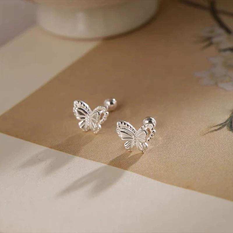 FY-ED437 Women's 925 Sterling Silver Butterfly Stud Earrings Fine Ear Piercing Screw Buckle Sweet Design Ins Small Ear Studs