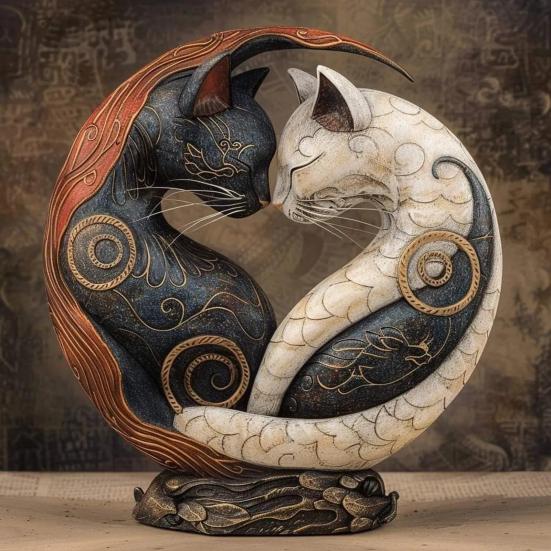 Black White Cat Figurine Chinese Style Cat Yin Yang Art Resin Statue Sculpture Home Office Desktop Decoration Ornament