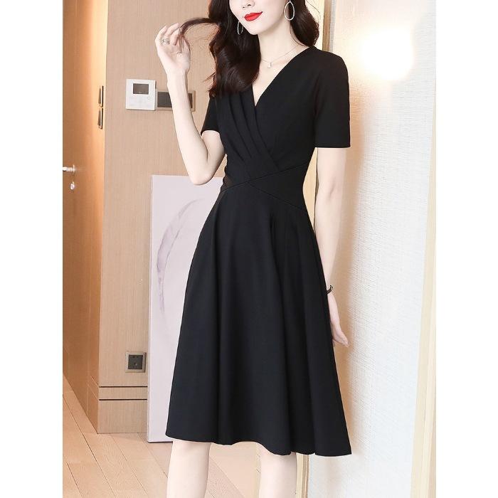 Mm Dress Spring and Summer New French Short-sleeved V-neck Women's Temperament Retro Hepburn Style Small Black Dress