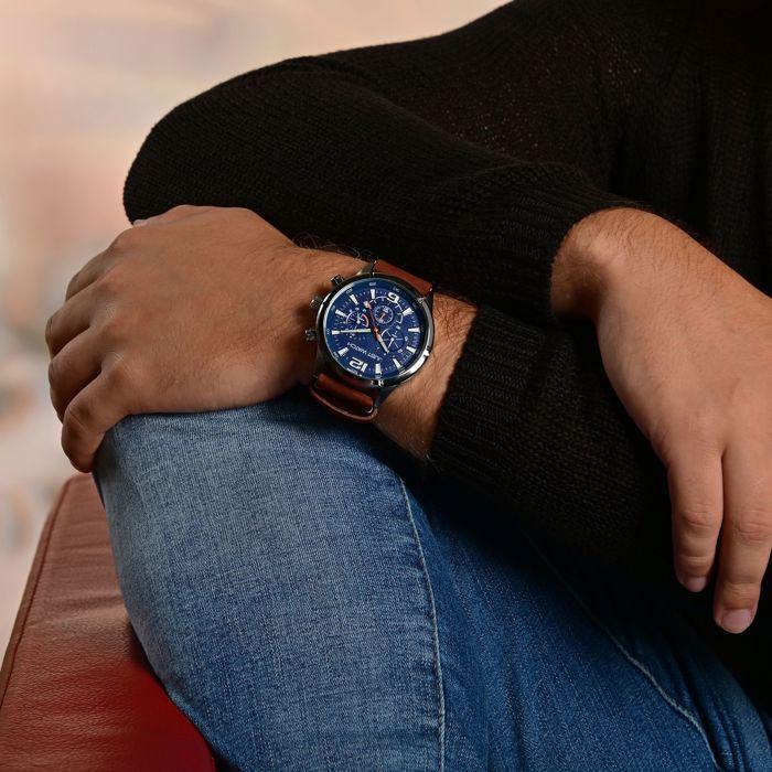 Montre Bracelet Homme - Evander - Chronographe - Cadran Bleu - Bracelet Cuir Marron 24 Mm