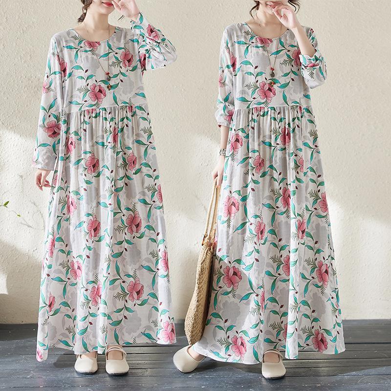 Lazy Wind Pleated High-waisted Thin Fashion Dress Literary Sweet Temperament Printing Ageing Leisure Big Swing Skirt Female