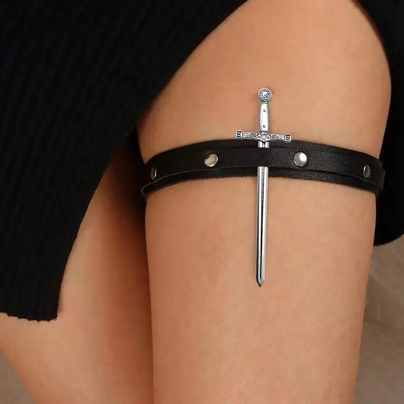 1Set Punk Rivet PU Leather Leg Garter Strap, Adjustable Elastic Thigh Garter Belts, Compatible With Various Metal Sword Props, Sexy Halloween Decor