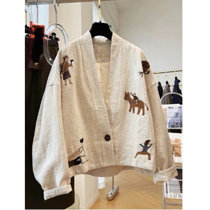 

Autumn 2025 Heavy Embroidery Chic V-neck Cotton Linen Short Jacket L