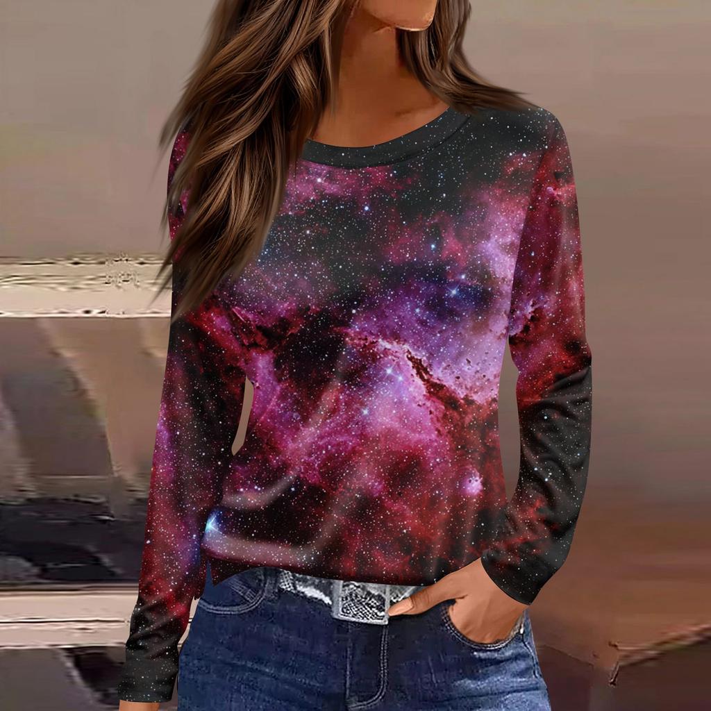 Damenmode Lässig Schlitz Saum Rundhals Langarm Lose Bedrucktes T-Shirt Damen Top