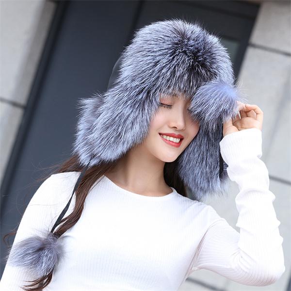 New 100% Real Fox Fur Hats Women's Russian Ushanka Aviator Trapper Snow Skiing Hat Caps  Winter Raccoon Fur Bomber Hat