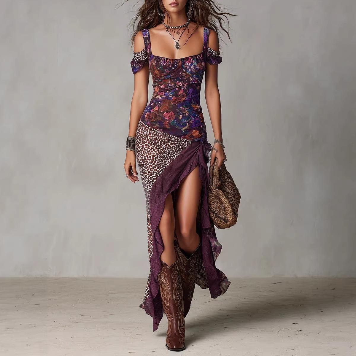 Women s Off Shoulder Floral Print Long Dress with Bubble Sleeve and High Slit S