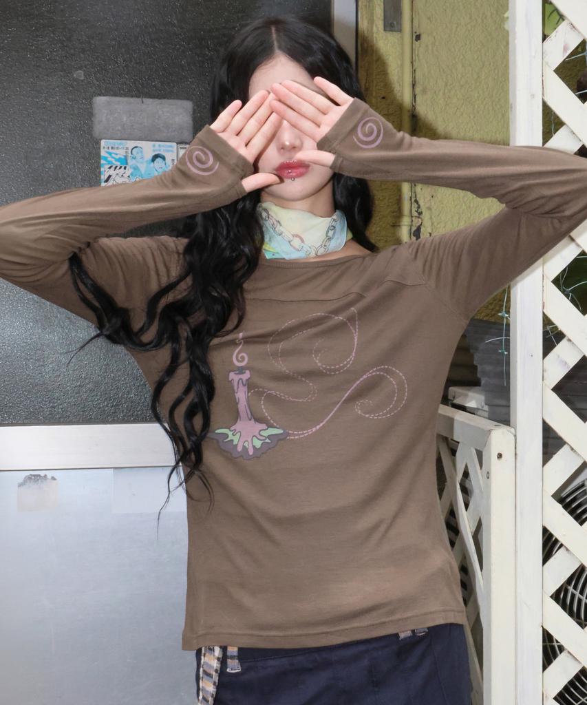 RuNaKi'Hu' Wxt086 Kaori Fingerhole Boat Neck Long Sleeve (Brown)