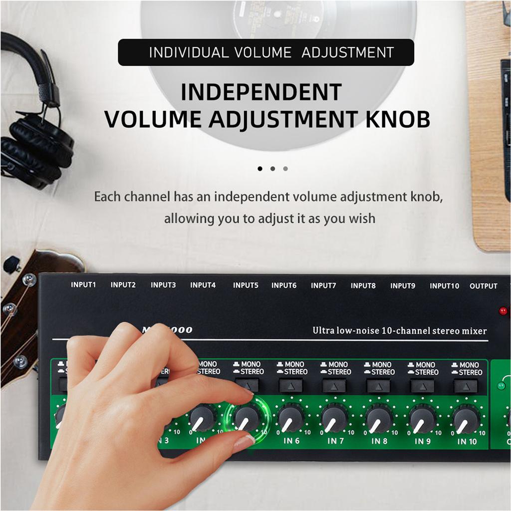 10 Channel Audio Mixer Stereo Mono Line Mixer 6.35mm TRS TS Input Metal Shell Type C Audio Processor for Guitar Bass
