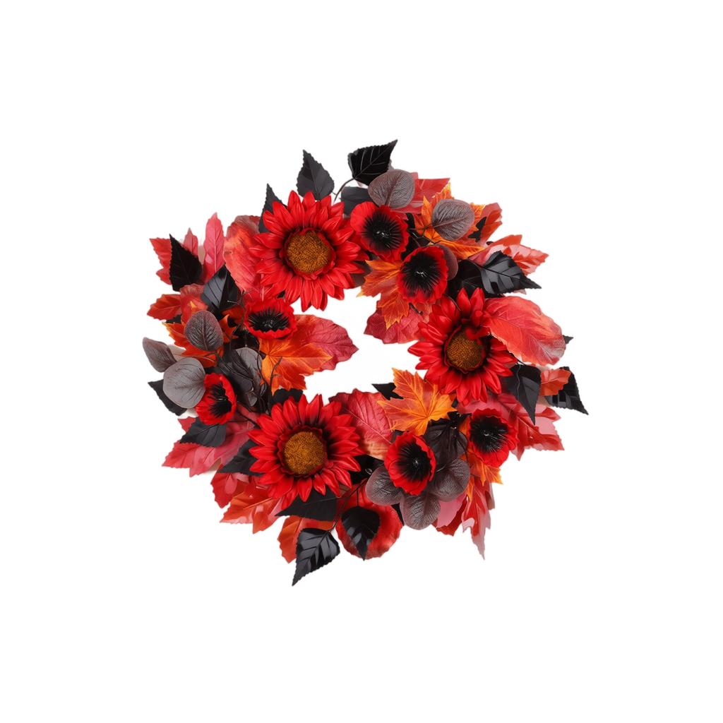 45cm Artificial Sunflower Wreath Autumn Leaf Garland Halloween Decoration Hanging Ornament for Door Wall Indoor Outdoor Use
