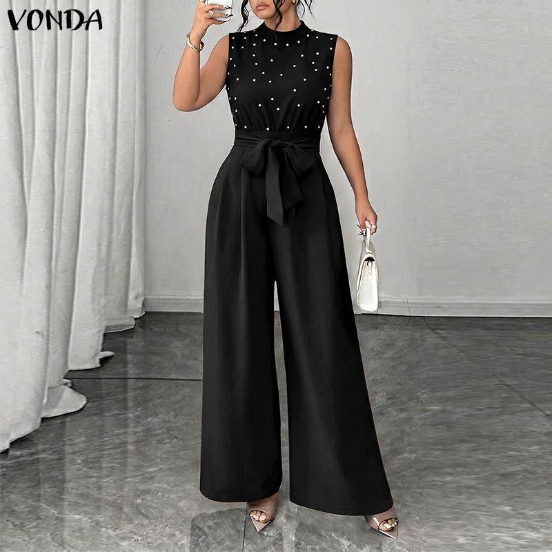 VONDA Summer Women Sleeveless Beading Casual Long Elegant Jumpsuits Overalls