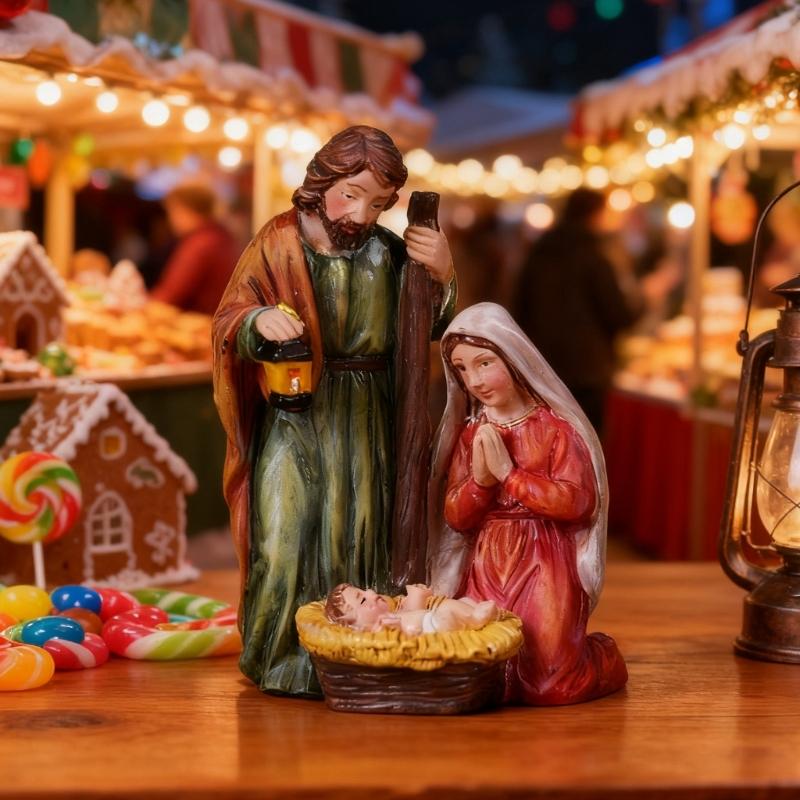 Warm LED Illuminating Nativity Scene Ornament Resin Craft Holy Family Figurine Statue Festive Christmas Display Piece