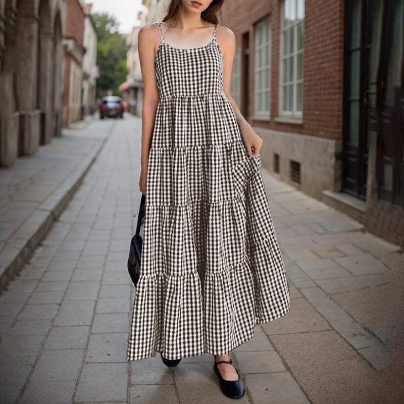 

ZANZEA Женское повседневное летнее платье-слинг без рукавов с клетчатым принтом