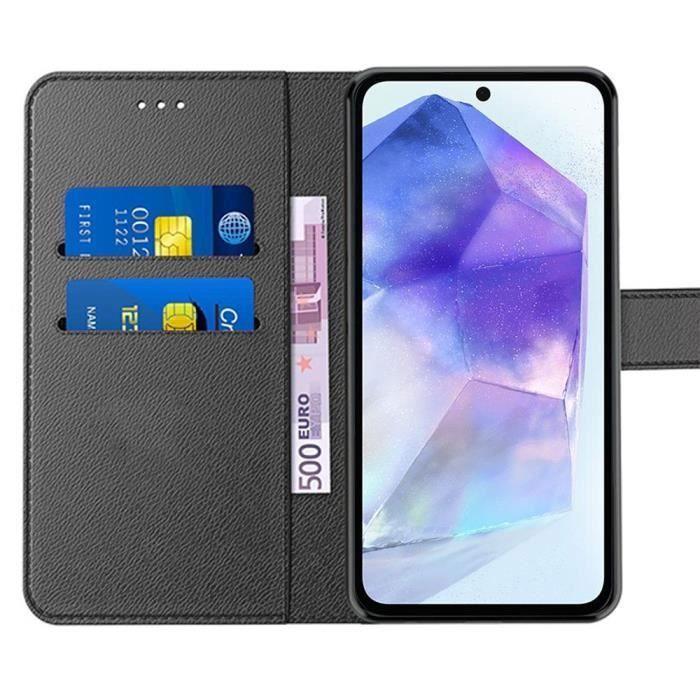 Coque pour Samsung Galaxy A55 5G, Noir, Coque Antichoc en Cuir PU avec Fonction de Porte-cartes