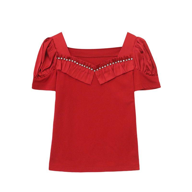 Fashion Summer Ladies Cotton T-shirt Elegant Short Sleeve Women Brand Top Shirts Chic Sexy Square Neck Ruffles Hot Diamonds Tees