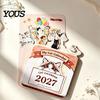 Daily Schedule Planner 2027 Flower Desk Calendar, English Tabletop Calendar with Wooden Base, Cute Stationery Gift Floral & Cat Decorative for Office