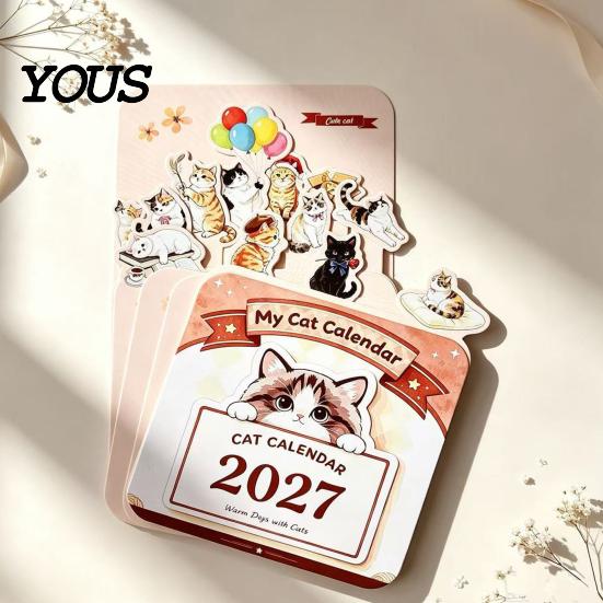 Daily Schedule Planner 2027 Flower Desk Calendar, English Tabletop Calendar with Wooden Base, Cute Stationery Gift Floral & Cat Decorative for Office