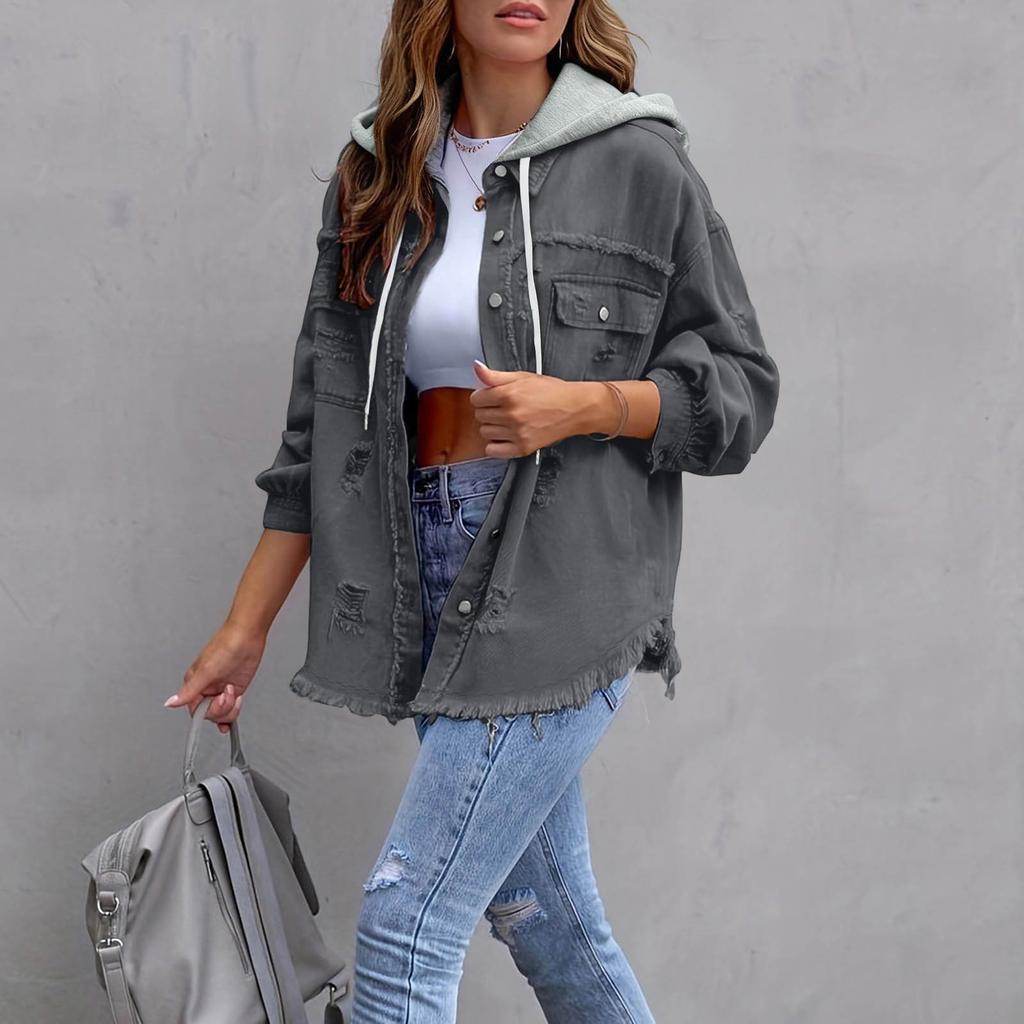Women's Fashionable Casual Loose,fitting Distressed Patchwork Mid,length Denim Jacket
