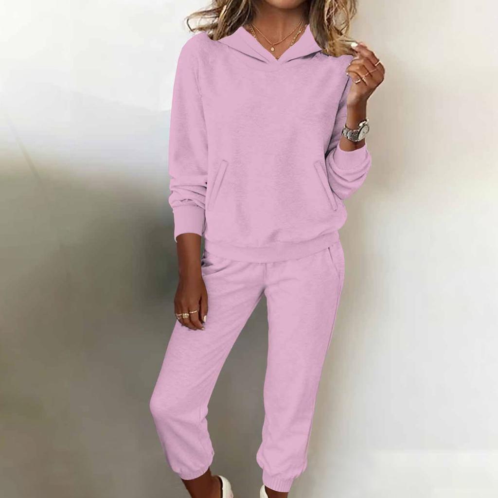 Women's Fashion Two-piece Solid Color Hooded Sweatshirt Trousers Casual Set