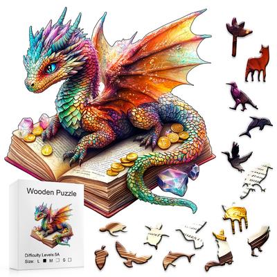 Dragon Wooden Puzzle Lying On a Book - Challenge Irregular Animal Shapes, Adult Stress Relieving Brain Games, Perfect Gifts for