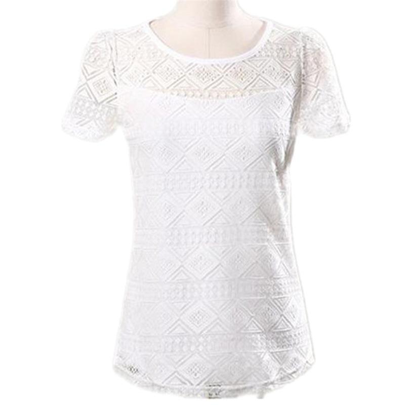 Women's Summer Hollow Embroidery Lace Elegant Tops Short Sleeve Commuter Shirt