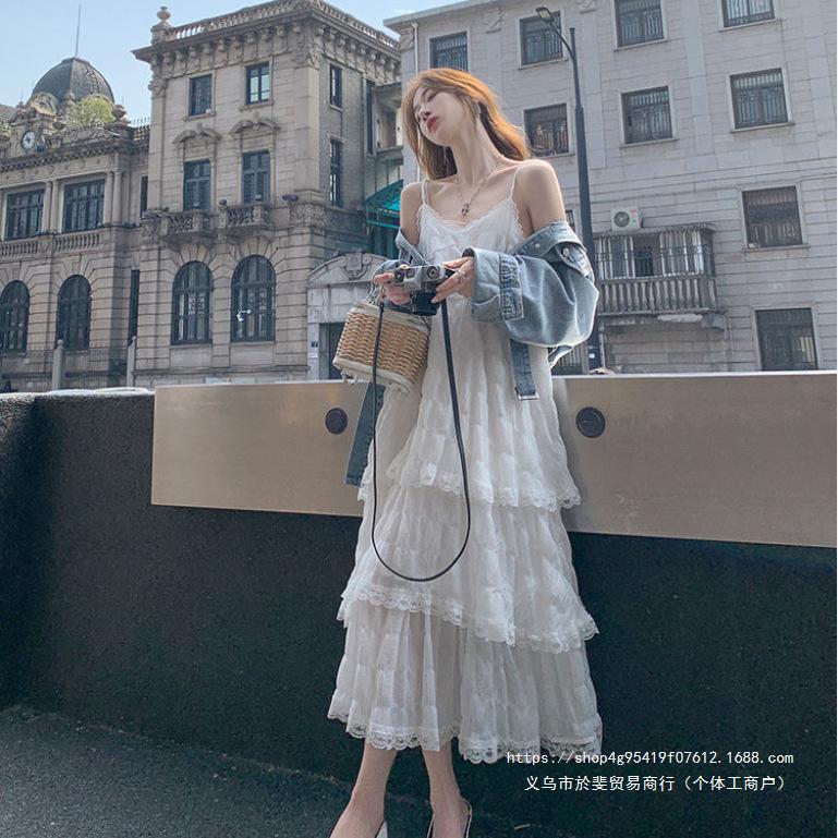 French white suspender dress women's summer new temperament lace cake skirt seaside vacation long skirt