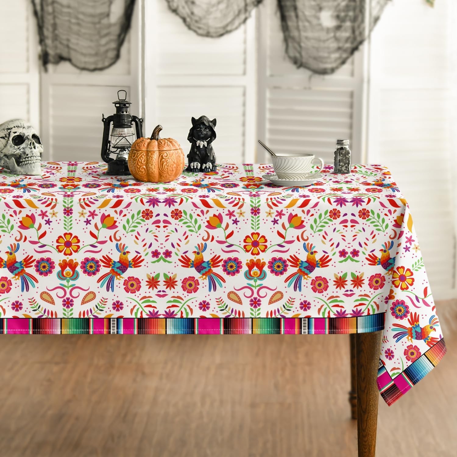 Mexico Dag van de Doden Bloemen Vogels Rechthoekige Tafelkleed Tafel Decor Herbruikbaar Keuken Eettafelkleed Dia De Los Muertos Decor 140x180cm