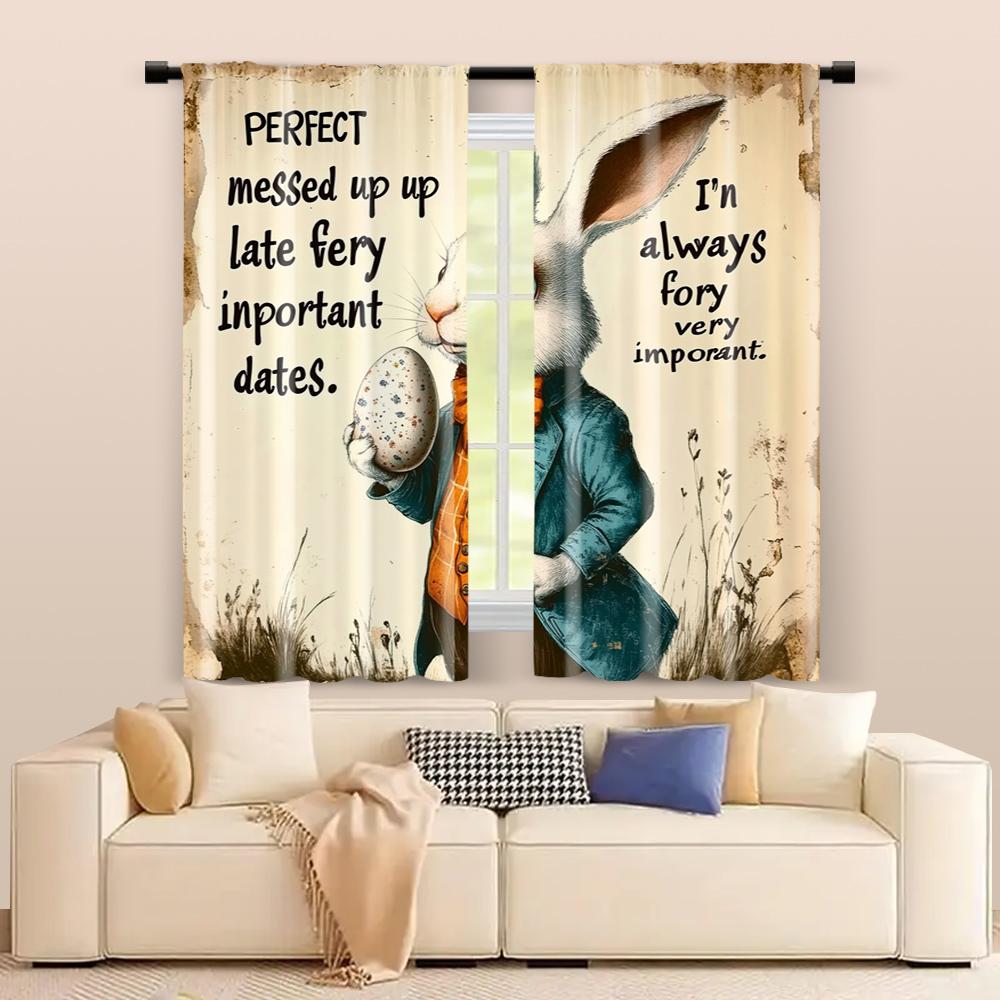 2 pcs   filtering curtains (excluding rods   non-movable   without batteries) A picture of a rabbit in a suit and holding an egg