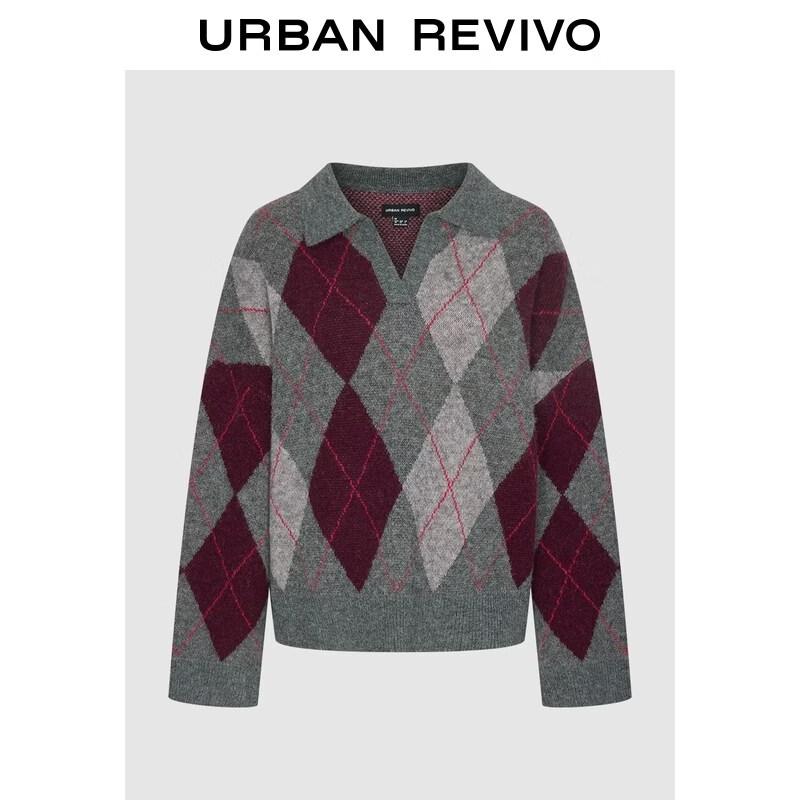 UR2026 Women s Color-block Argyle Polo Knit Sweater M