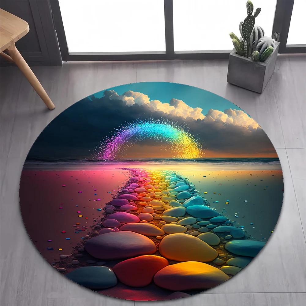2025 New Style Colorful Rainbow Pebble Road Beach Stone Round Carpet Rug for Bedroom Living Room Decoration,pet Decor Floor Mat
