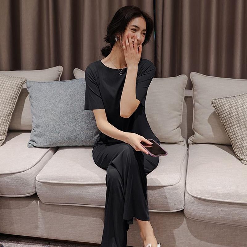 Summer Ladies Pajamas Loungewear Set Summer Thin Solid Color Loungewear Short Sleeves Elasticated Waist Trousers Lazy Pajamas