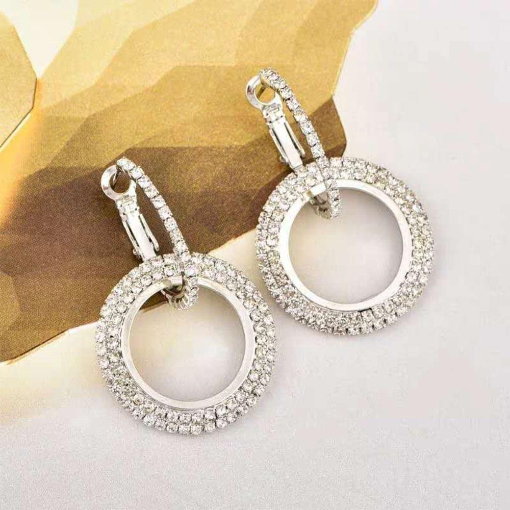 Rhinestone Ear Clips Round Diamond Earrings Elegant Hoop Earrings  Woman Girls