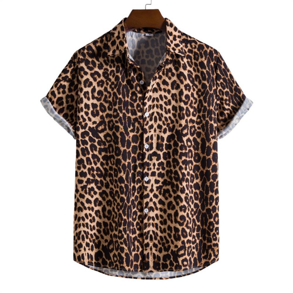 Men's 3D printed leopard print shirt, summer casual fashion, Hawaiian short sleeved beach shirt, shirt with lapel and personalized Aloha buttons