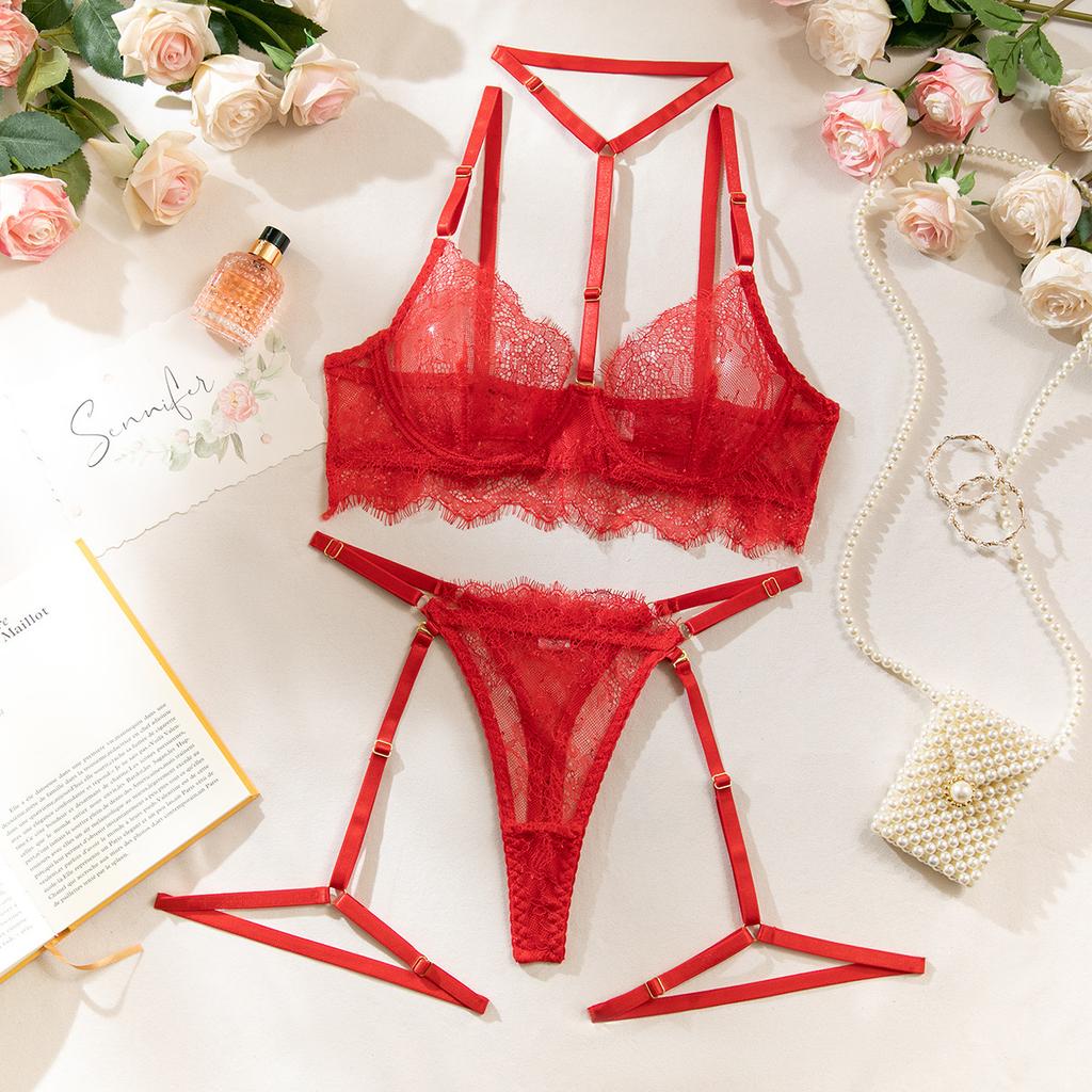 Hot-selling eyelash lace sexy hollow perspective sex underwear four-piece suit for women