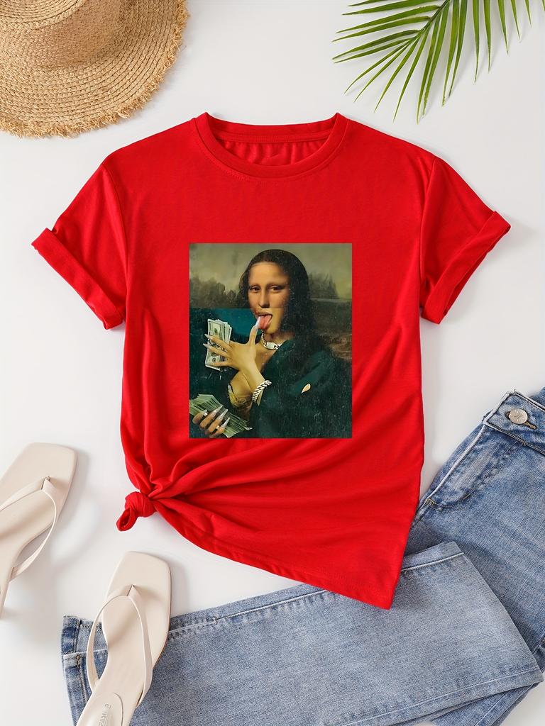 Tricou Damă Parodie Mona Lisa Cash - Grafică Artistică Amuzantă, Top Negru Casual