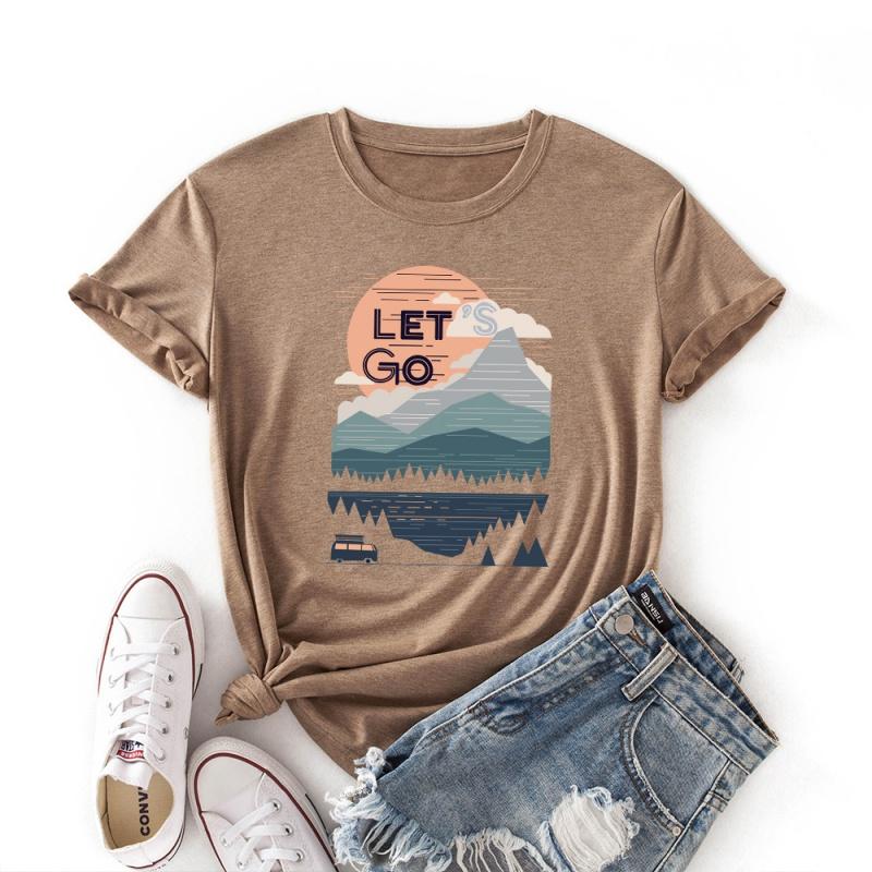 LingMeng Casual Fashion Creative Summer Sunrise Women's T-shirt Sunset Print Pattern Round Neck Loose Women's Tops Enjoy Life