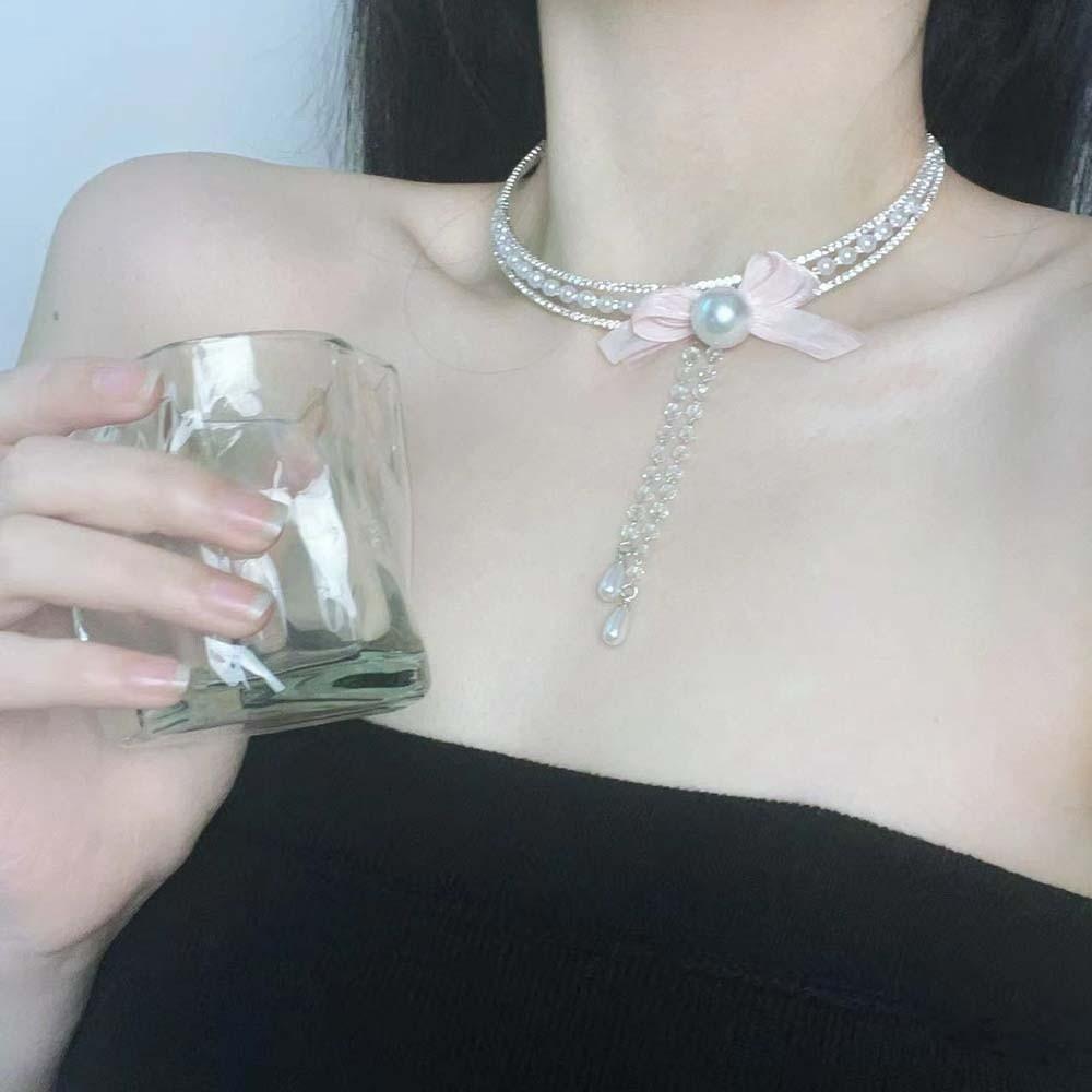 Tassel Pearls Rhinestone Choker Silver Shiny Neck Jewelry Personalized Bow Beads Necklace  Bride