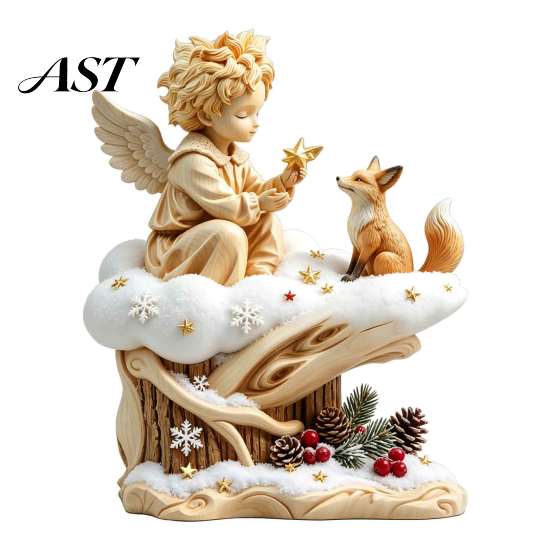 Fox Themed Sculptures Fairy Tale Little Boy and Wooden Figurine, Rustic Desktop Statue, Artistic Carved Wood Crafts Sculpture Ornament for Table Shelf