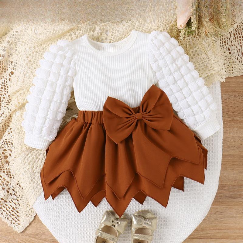 Children's Clothing Autumn Winter Puff Sleeve Ribbed Top Solid Color Bow Irregular Hem Girls' Set