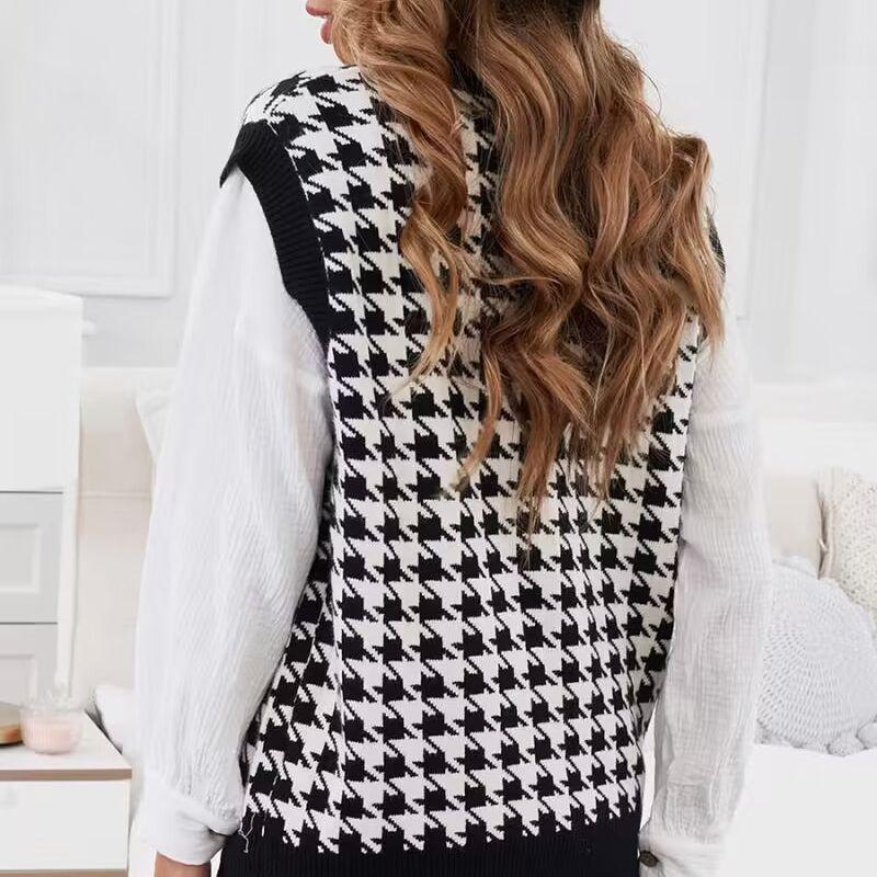 2023 Spring & Autumn Women's Houndstooth Knit Sleeveless Cardigan Vest